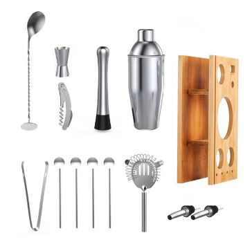 14Pcs/Set Cocktail Shaker Mixer Stainless Steel Bartender Bamboo Bartending Wine Rack Stand For Home Bar Party 550/750ML