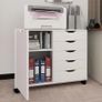 5 Drawer Mobile Filing Cabinet With Door, Wooden Lateral File Cupboard On Wheels Multifunctional Printer Stand For Home Office Documents Organiser Rolling Storage Unit White Furniture Image 5
