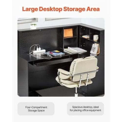 Reception Desk, 55.12 x 31.50 x 47.24 in L-Shaped Front Counter Table, Office Reception Counter with Drawer Keyboard Tray and Storage Cabinet