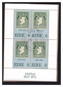 1972 Ireland Stamp Anniversary Miniature Sheet Fine Used on Piece. Ireland's first miniature sheet.