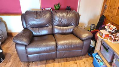Two Seater Reclining Brown Leather Couch Recliner Sofa