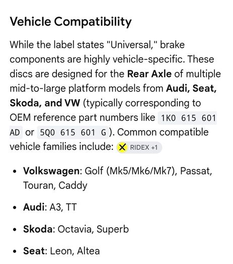 Ridex universal rear brake discs VW Skoda Audi Seat etc