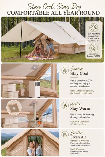 Inflatable Camping Tent 3 to 5 Person with Canopy Stove Jack and Air Pump