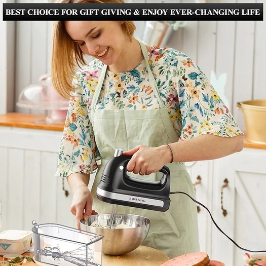 Hand Electric Mixer, 300W Ultra Power Food Kitchen Mixer with 5 Self-Control Speeds + Turbo Boost, 5 Stainless Steel Attachments Handheld Blender for Baking, BLACK