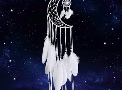White Dream Catcher Handmade Moon Design with Feathers Dreamcatcher Wall Hanging Home Decoration Ornament Christmas Festival Craft Gift (FREE POSTAGE)