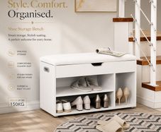 Padded shoe bench 3 compartments white shoe bench with seat cushion, 3 compartment chest, seat for shoe storage with seat, 2 steps, hallway furniture, white Maximum load capacity 150 kg