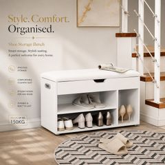 Padded shoe bench 3 compartments white shoe bench with seat cushion, 3 compartment chest, seat for shoe storage with seat, 2 steps, hallway furniture, white Maximum load capacity 150 kg