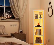 Corner Shelf with LED Light, 5-Tier Corner Bookshelf for Small Space, Narrow Display Corner Shelf Stand with Storage Rack, for Living Room, bedroom, Pure White