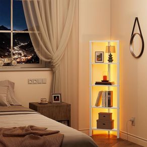 Corner Shelf with LED Light, 5-Tier Corner Bookshelf for Small Space, Narrow Display Corner Shelf Stand with Storage Rack, for Living Room, bedroom, Pure White