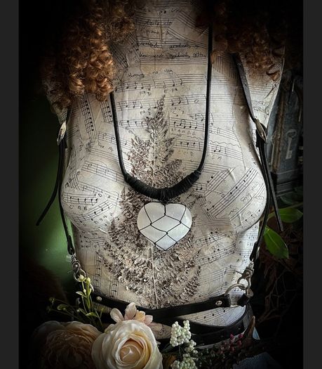OOAK Chunky Black Leather Necklace with Carved Selenite Heart Stone in Macrame