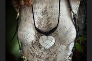 OOAK Chunky Black Leather Necklace with Carved Selenite Heart Stone in Macrame