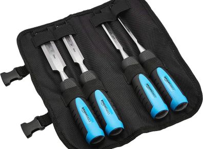 4-Piece Sturdy Chrome Vanadium Steel Woodworking Wood Chisel Set 1/4 Inch (6 mm) to 1 Inch (25mm), Plastic Handles with Carry Pouch
