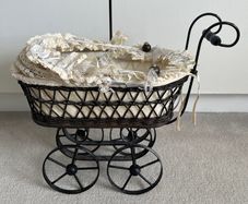 Antique Toy Pram with Porcelain Doll/Silk Dress