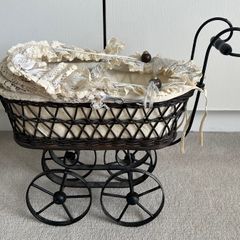Antique Toy Pram with Porcelain Doll/Silk Dress
