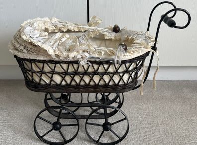 Antique Toy Pram with Porcelain Doll/Silk Dress