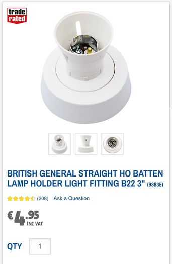 British General B22 Straight Batten Lamp Holder Light Fitting