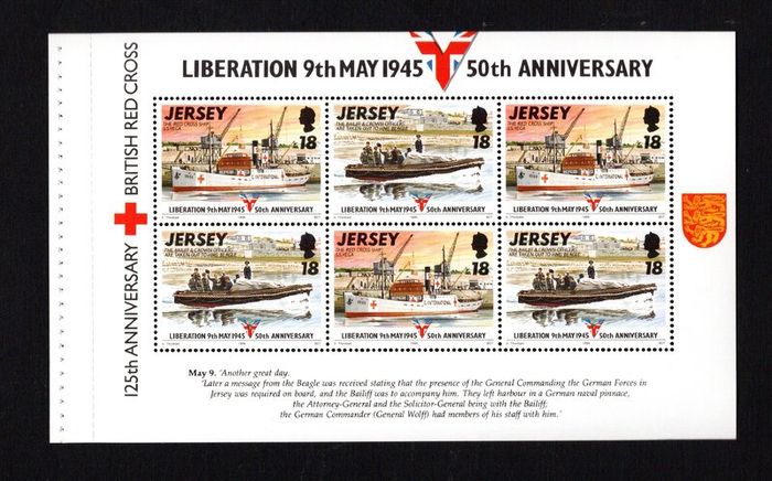 1995 Jersey 50th Anniversary of 50th Anniversary of Liberation Commemorative Stamps Booklet Pane recording 125th Anniversary of British Red Cross Mint Never Hinged (MNH)