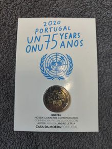 Portugal 2 Euro Commemorative Coin 2020 - 75th Anniversary of the UN BU. Blister Card.