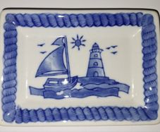 SALE! Blue / White Trinket Dish with Boat and Lighthouse