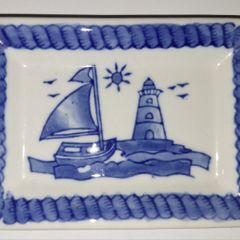 SALE! Blue / White Trinket Dish with Boat and Lighthouse