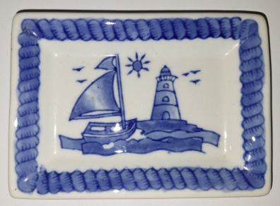 SALE! Blue / White Trinket Dish with Boat and Lighthouse