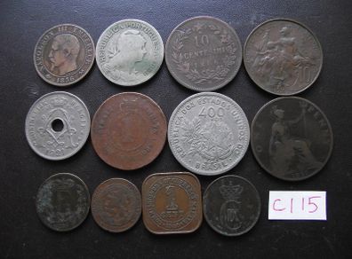 12 Vintage Foreign Coins (1856-1940)