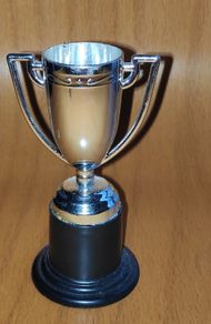 Silver tone mini trophy cup with winged handles, H 10 cm