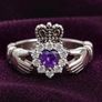 Silver claddagh ring with purple & clear CZ stones Image 2