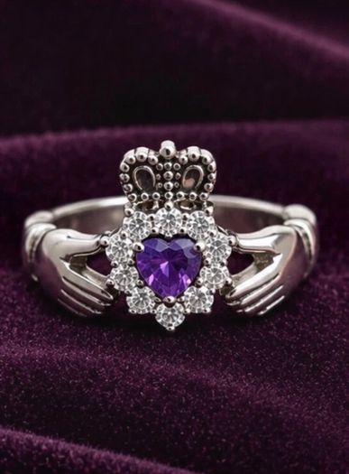 Silver claddagh ring with purple & clear CZ stones