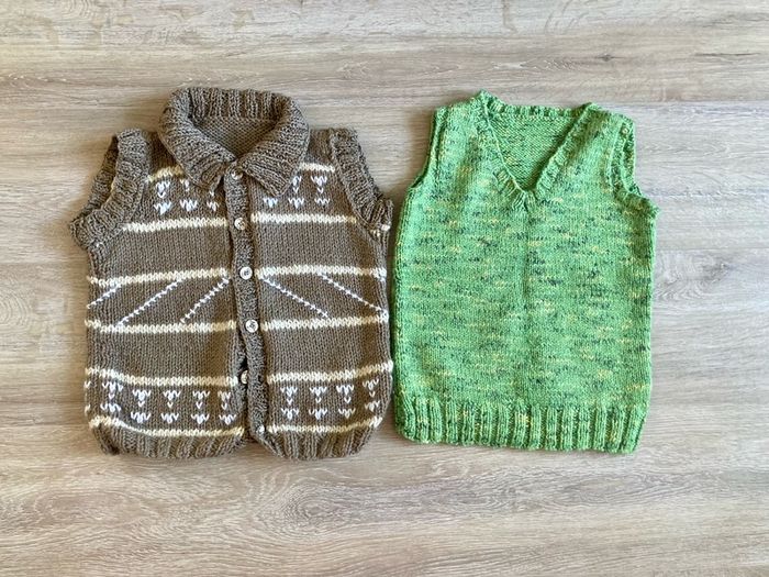 2 hand knitted boys body warmers