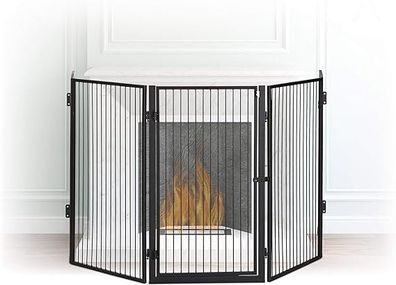 Fireplace protection grille metal, barrier 5 elements, fire grille for babies and pets, black, 1.3 x 220 x 76 cm