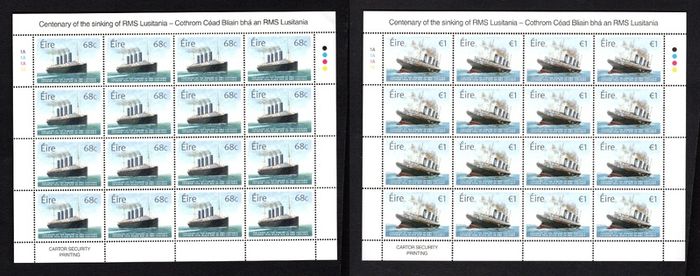2015 Ireland Centenary of The Sinking of the RMS Lusitania Commemorative Stamps Sheetlet Plate 1A1A1A1A Mint Never Hinged (MNH)