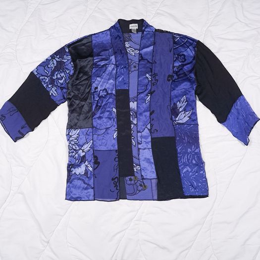 Chico's Blue & Black Patchwork Floral Print Silk Sheer Open-Front Kimono Duster 10-14UK/38-42EU