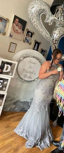 silver grey long debs dress