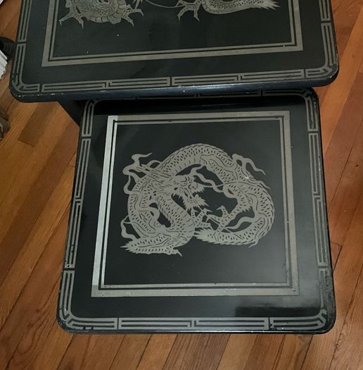Vintage Oriental Set of 4 Black Lacquered Nest of Tables