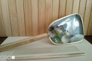 Vintage Gold Tone Hairbrush  Comb Set Painted Bird Design