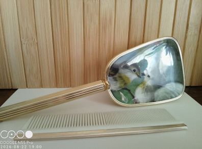 Vintage Gold Tone Hairbrush  Comb Set Painted Bird Design