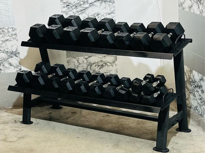 Hex Dumbbells With 2 Tier Rack