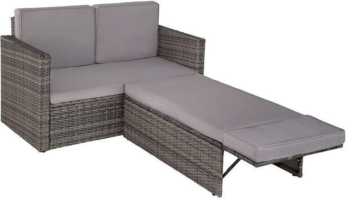 _Poly Rattan Lounge Set, 2-Seater Sofa with Backrest, Large Stool with Folding Support, Incl. Thick Cushions, Garden Furniture Set for Garden and Terrace