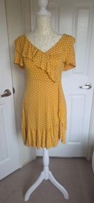 Boohoo Mustard Polka Dot Wrap Frill Tea Dress UK 10 Summer Boho Midi