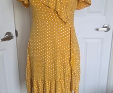 Boohoo Mustard Polka Dot Wrap Frill Tea Dress UK 10 Summer Boho Midi