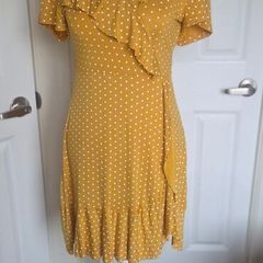 Boohoo Mustard Polka Dot Wrap Frill Tea Dress UK 10 Summer Boho Midi