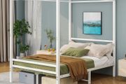 4FT6 Double Canopy Bed Frame, 120x200cm Bed Frame Platform with Headboard, Heavy Duty Metal Vintage Bed Frame Double Size, Platform Mattress Foundation, Noise Free, Easy Assembly, White