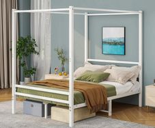 4FT6 Double Canopy Bed Frame, 120x200cm Bed Frame Platform with Headboard, Heavy Duty Metal Vintage Bed Frame Double Size, Platform Mattress Foundation, Noise Free, Easy Assembly, White