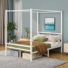 4FT6 Double Canopy Bed Frame, 120x200cm Bed Frame Platform with Headboard, Heavy Duty Metal Vintage Bed Frame Double Size, Platform Mattress Foundation, Noise Free, Easy Assembly, White