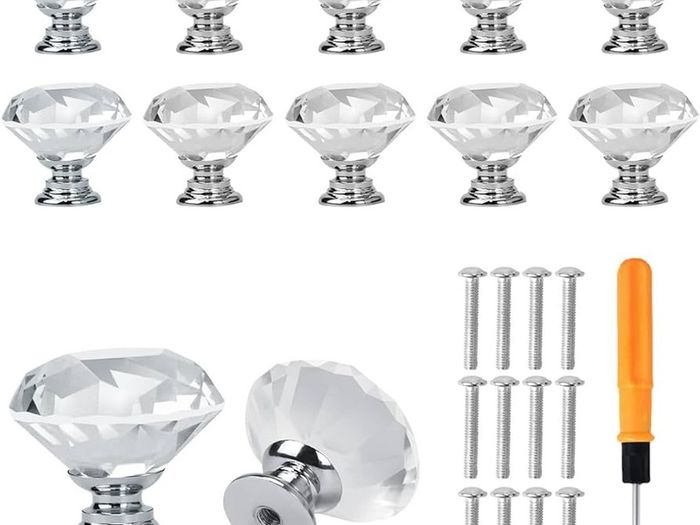 12 PCS Shimmering Crystal Door Knobs, Sparkling Diamond Cut Crystal Door Knobs with Screws Drawer Handles for Kitchen, Bathroom, and Office Cabinets