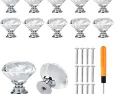 12 PCS Shimmering Crystal Door Knobs, Sparkling Diamond Cut Crystal Door Knobs with Screws Drawer Handles for Kitchen, Bathroom, and Office Cabinets