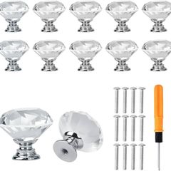 12 PCS Shimmering Crystal Door Knobs, Sparkling Diamond Cut Crystal Door Knobs with Screws Drawer Handles for Kitchen, Bathroom, and Office Cabinets