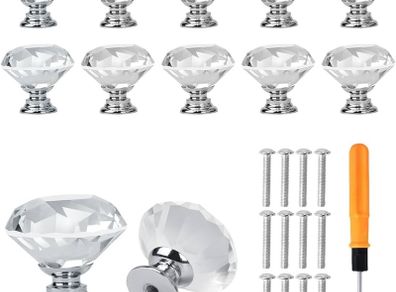 12 PCS Shimmering Crystal Door Knobs, Sparkling Diamond Cut Crystal Door Knobs with Screws Drawer Handles for Kitchen, Bathroom, and Office Cabinets