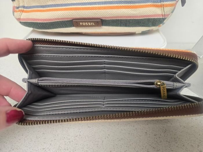 Fossil Striped Canvas & Leather Hobo Bag + Matching Zip Wallet Set